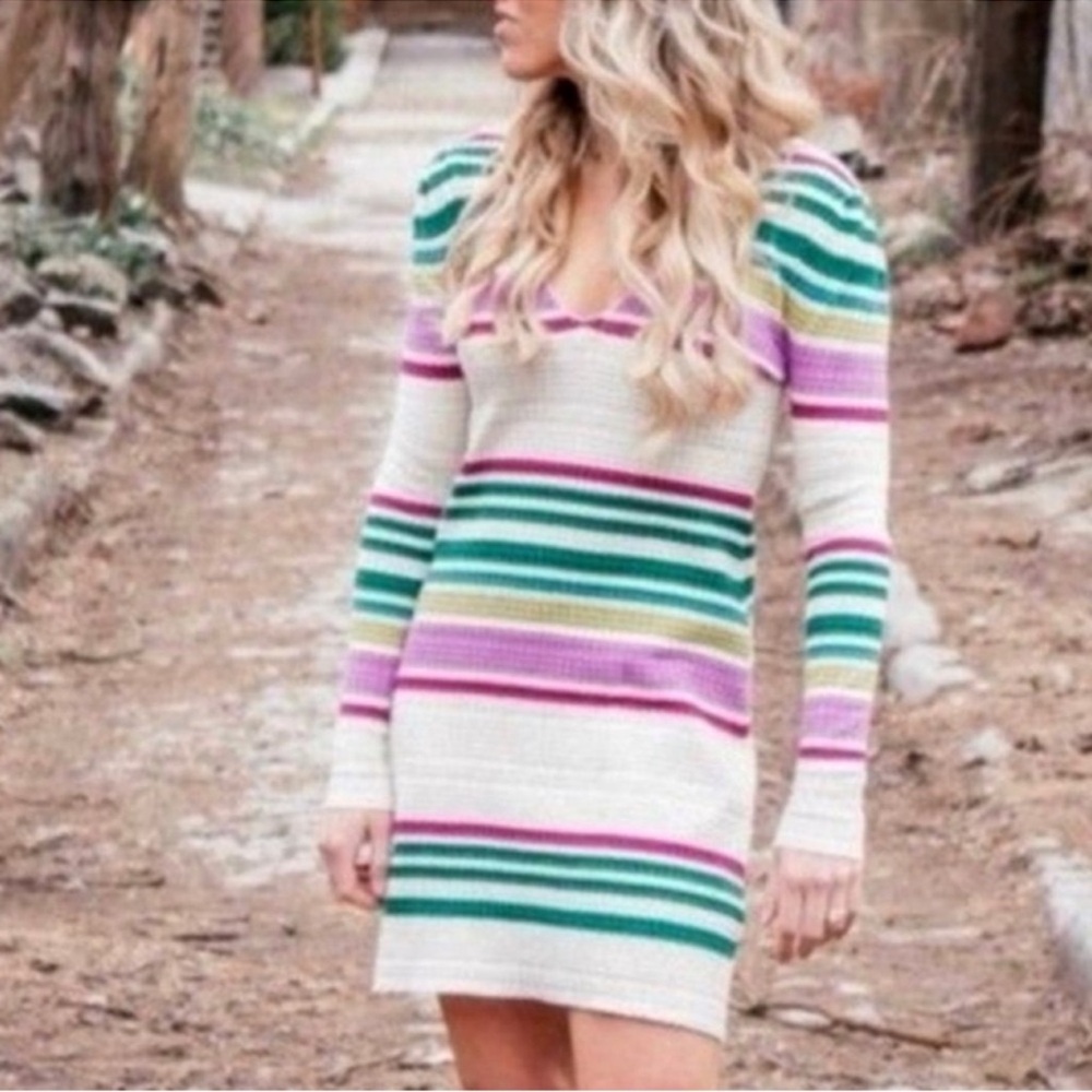 Free People Casual Purple and Green Long Sleeve Sweater Dress